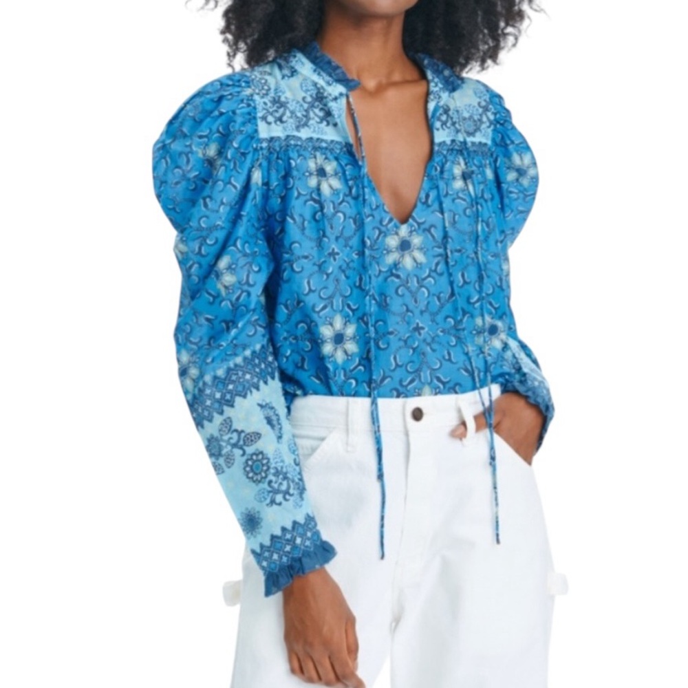 Love the Label Cosette Miriam Blue Floral Print Tie Neck Puff Sleeve Blouse - S